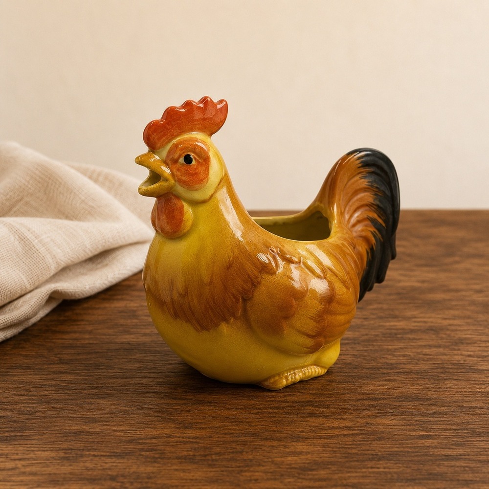 Vintage OMC Japan Ceramic Rooster Planter Gold Brown Red Glossy Glaze Farmhouse